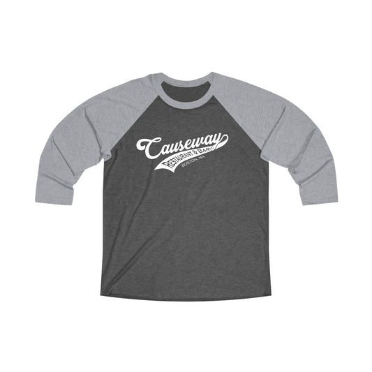 Men's tri-blend baseball tee with grey sleeves and a dark heather grey body featuring a white Causeway logo print.