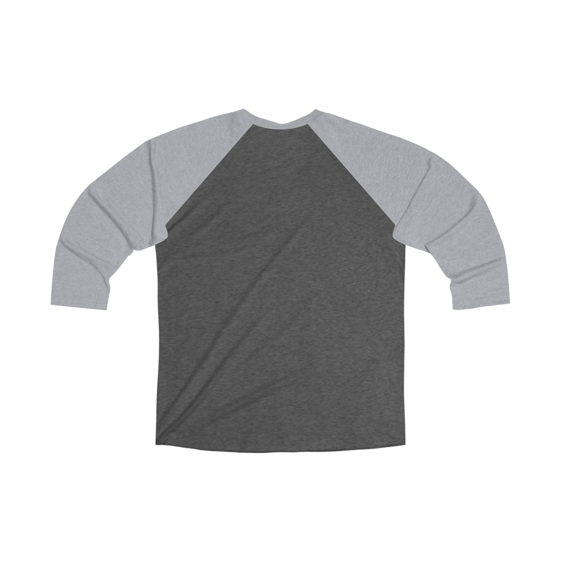 Men's tri-blend baseball tee with a dark grey body and light grey three-quarter sleeves in a loose-fit style.