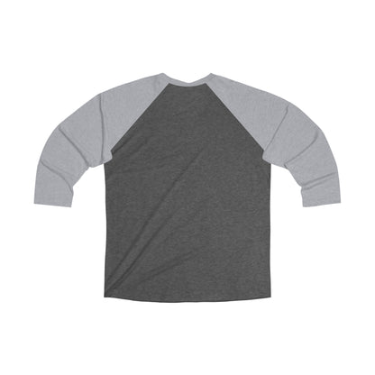 Men's tri-blend baseball tee with a dark grey body and light grey three-quarter sleeves in a loose-fit style.