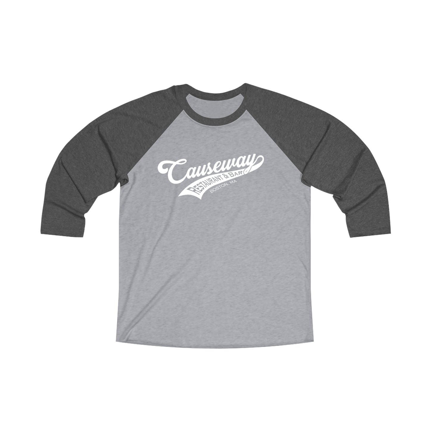 Grey and charcoal tri-blend baseball tee with three-quarter sleeves and white Causeway Restaurant & Bar logo.