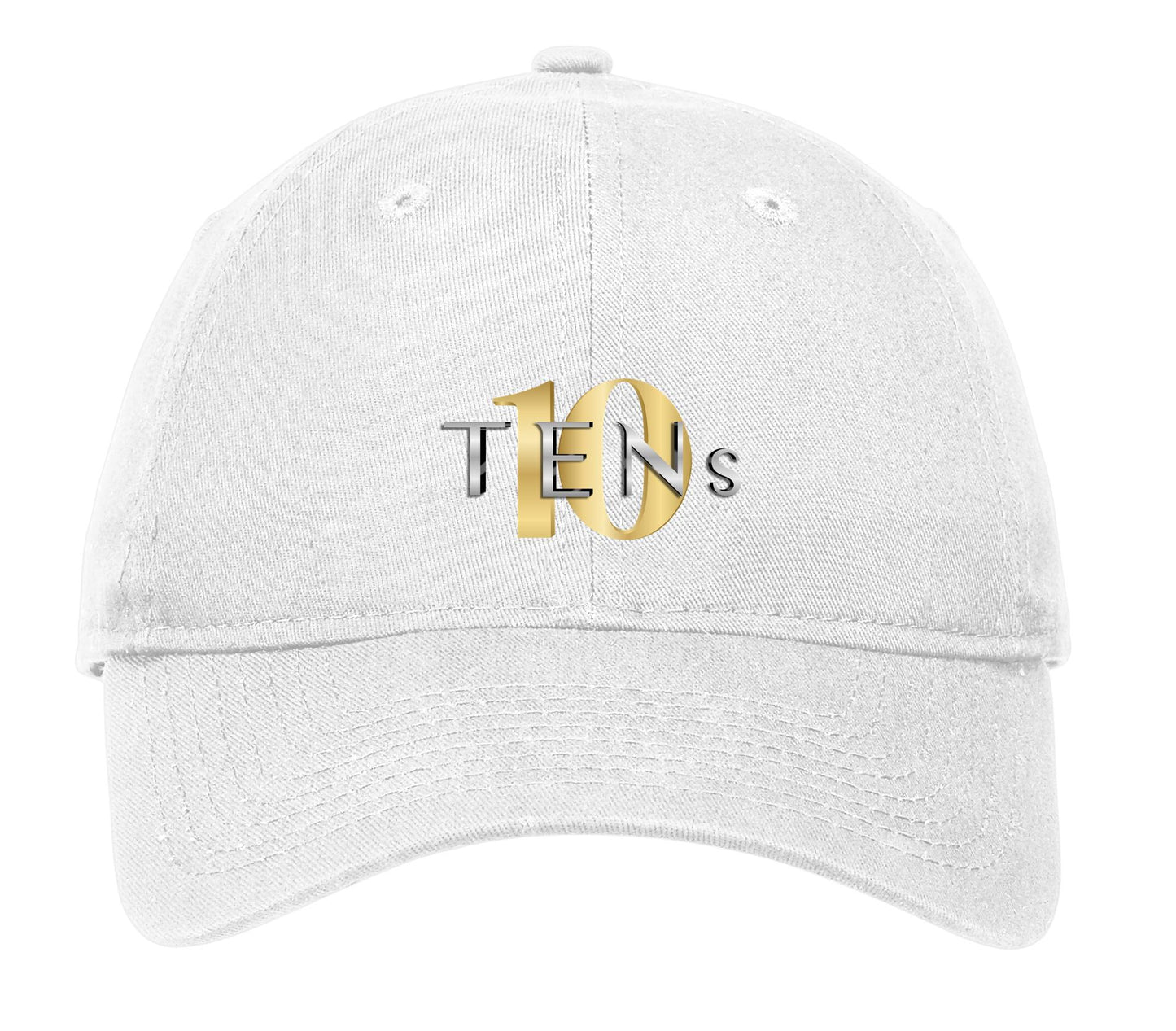 White unstructured cotton cap featuring a gold and silver TENS logo on the front with an adjustable D-clip strap.