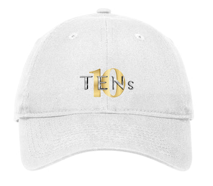 White unstructured cotton cap featuring a gold and silver TENS logo on the front with an adjustable D-clip strap.