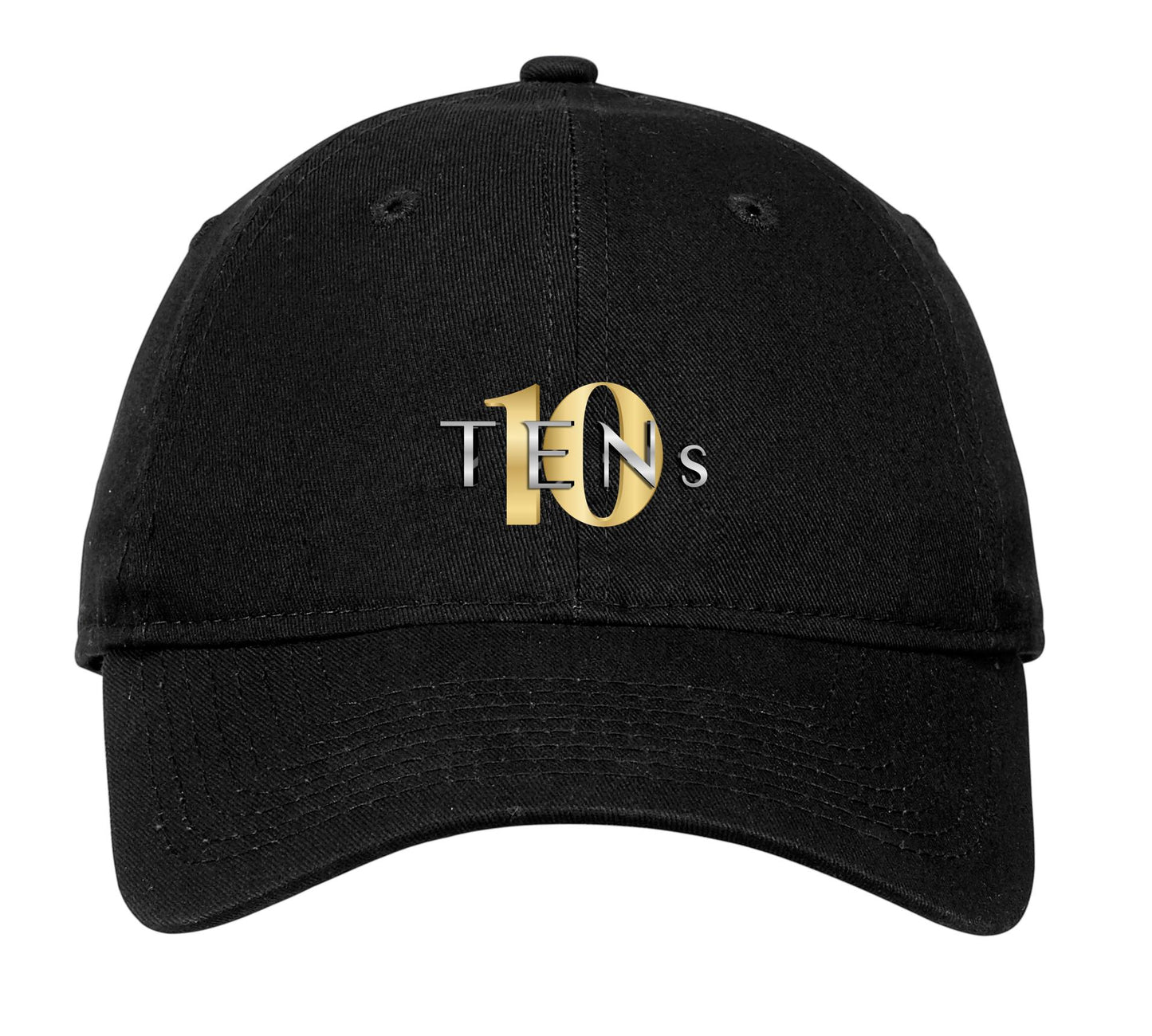 Black unstructured cotton baseball cap with a gold and silver Tens Show Club logo on the front.