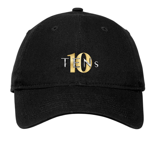 Black unstructured cotton baseball cap with a gold and silver Tens Show Club logo on the front.