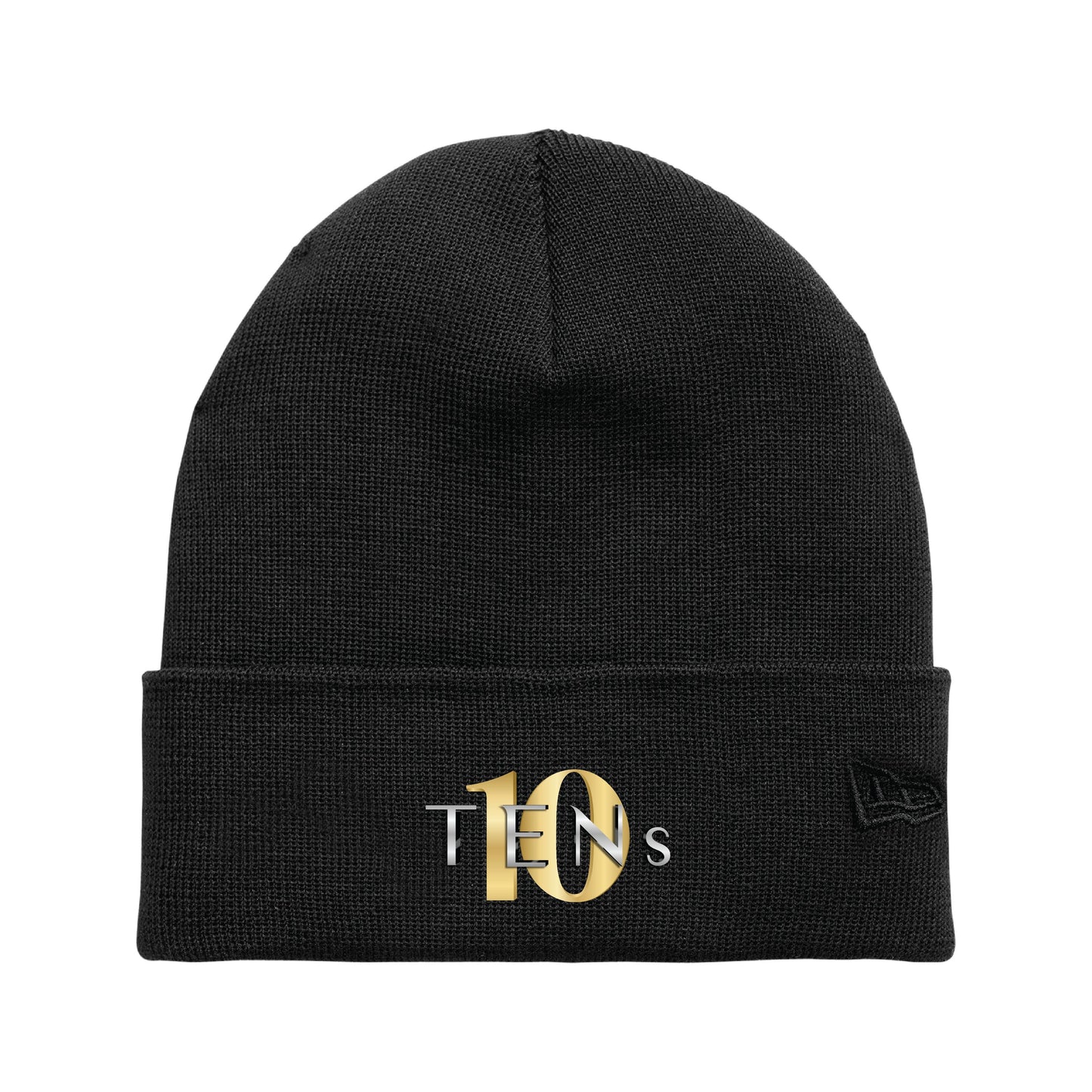 Black cuffed beanie made from recycled polyester featuring a gold and silver Tens logo embroidery.