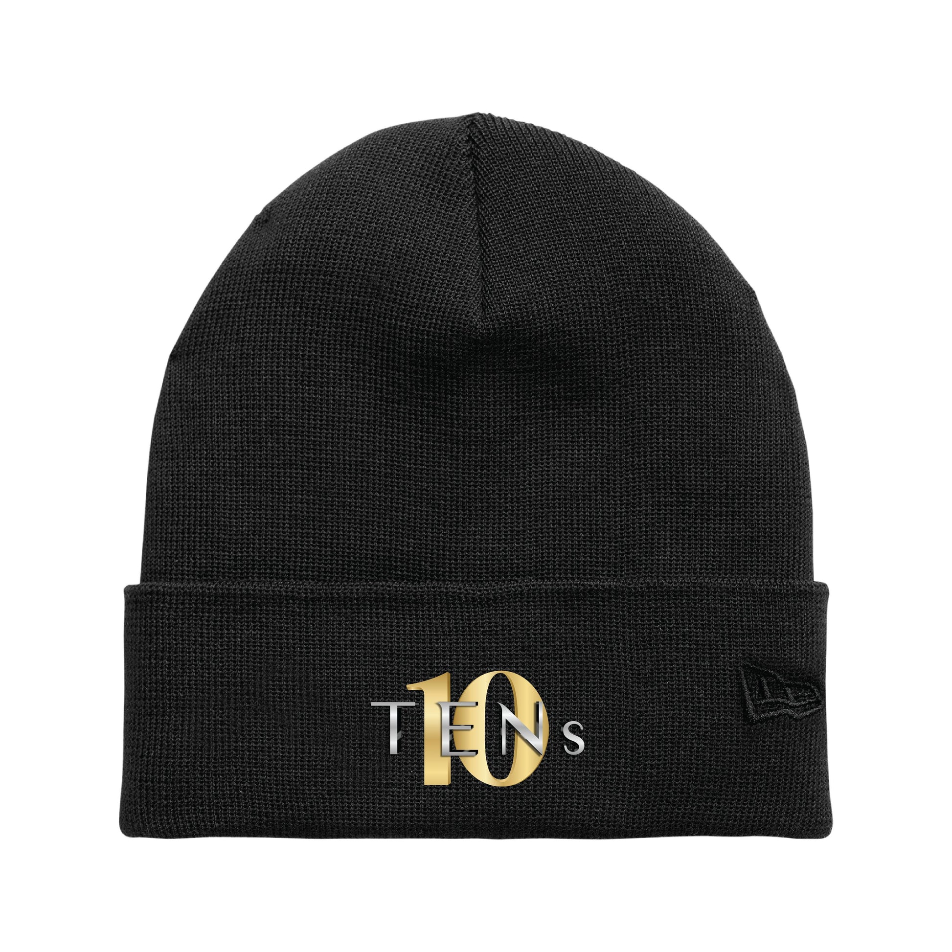 Black cuffed beanie made from recycled polyester featuring a gold and silver Tens logo embroidery.