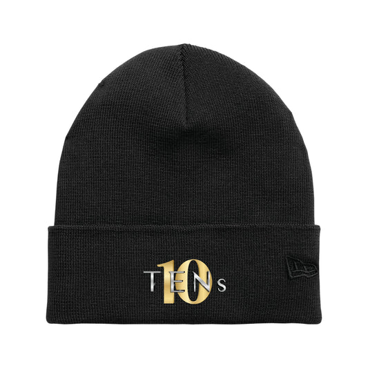 Black cuffed beanie made from recycled polyester featuring a gold and silver Tens logo embroidery.