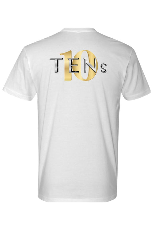 White cotton crew neck t-shirt featuring a gold and silver TENS logo graphic on the back.