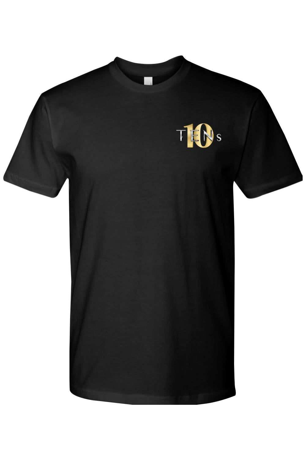 Black cotton crew neck t-shirt featuring a small gold and silver Tens Show Club logo on the left chest.