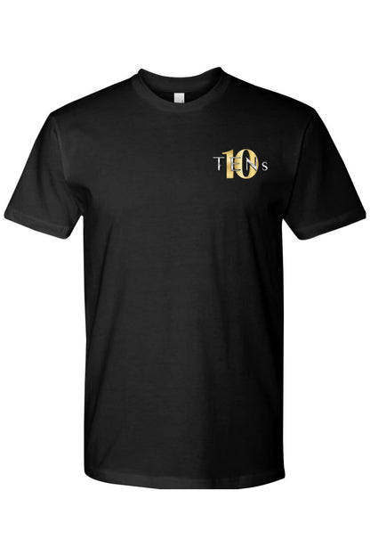 Black cotton crew neck t-shirt featuring a small gold and silver Tens Show Club logo on the left chest.