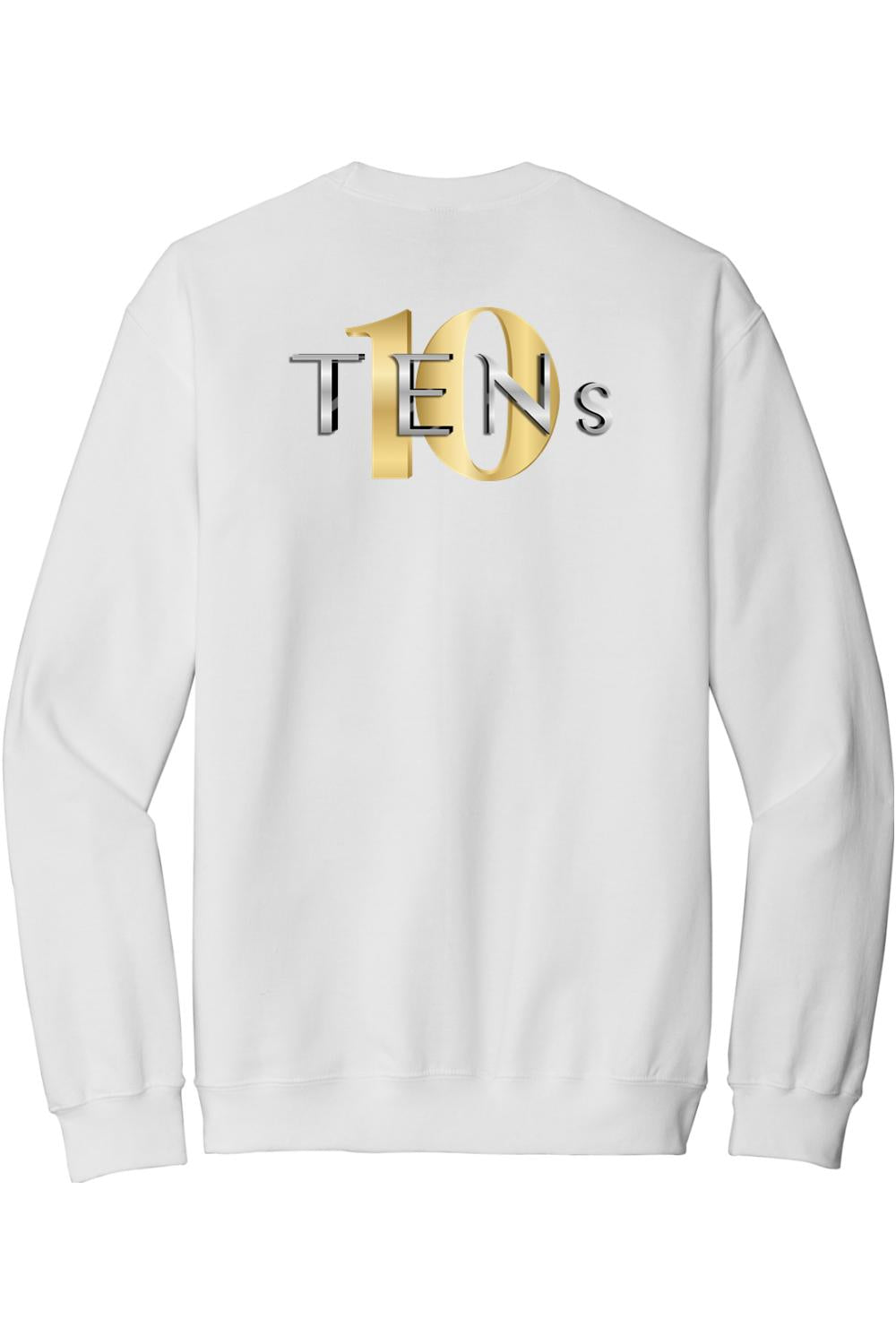 White crew neck sweatshirt featuring a metallic gold and silver Tens logo graphic on the back.