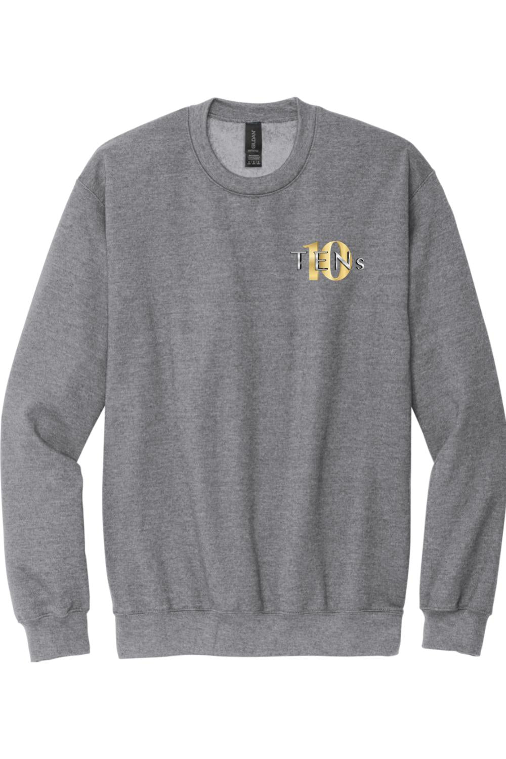 Sport grey crew neck sweatshirt featuring a gold and silver Tens Show Club logo on the left chest.