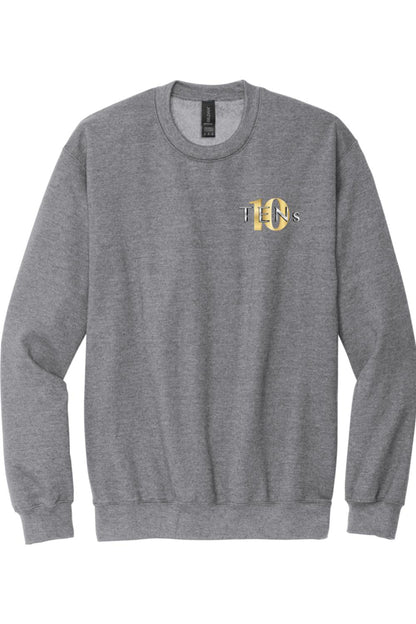 Sport grey crew neck sweatshirt featuring a gold and silver Tens Show Club logo on the left chest.