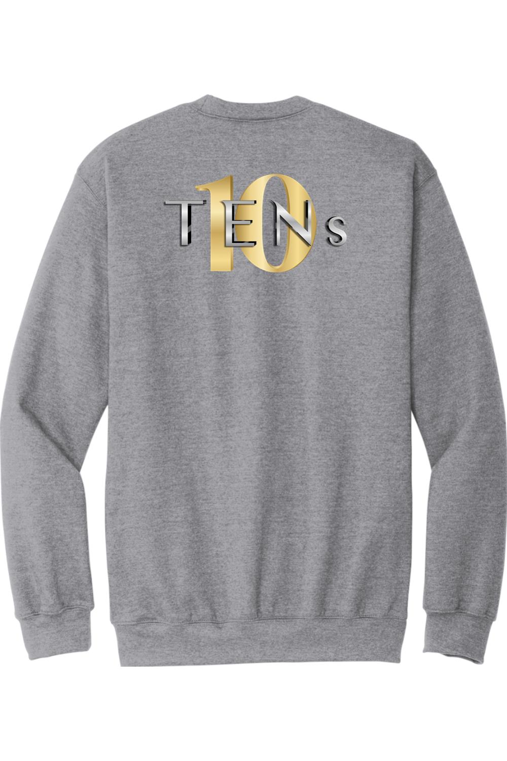 Grey crew neck sweatshirt featuring a gold and silver TENS logo on the back, made from a soft cotton-blend fabric.