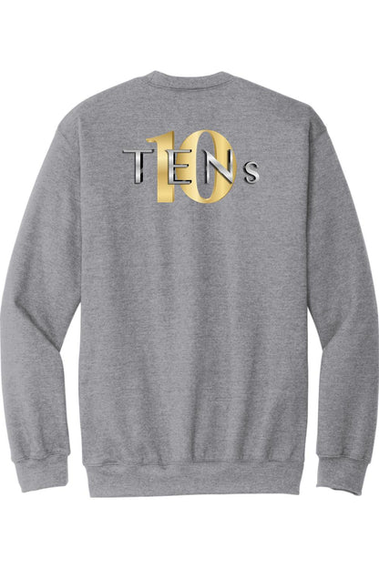 Grey crew neck sweatshirt featuring a gold and silver TENS logo on the back, made from a soft cotton-blend fabric.