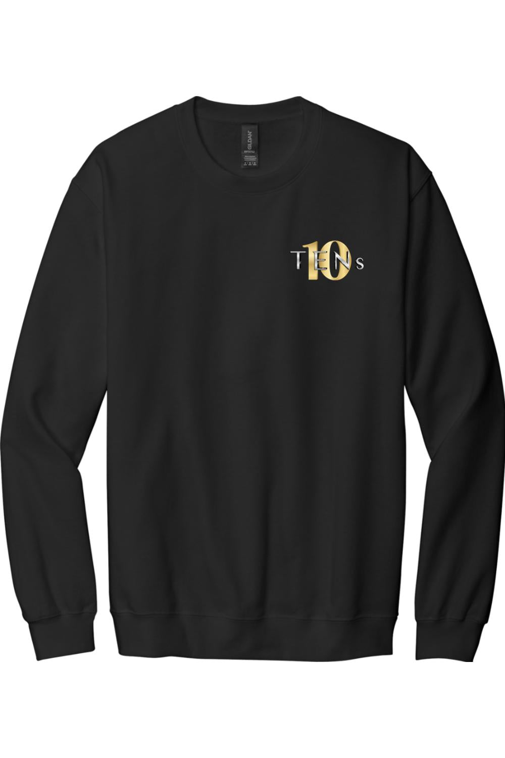 Black crew neck sweatshirt featuring a small gold and silver Tens Show Club logo on the left chest.