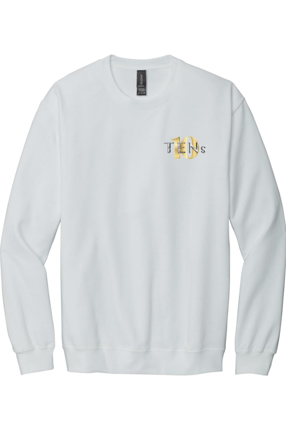 White crew neck sweatshirt featuring a gold and black Tens Show Club logo on the left chest.