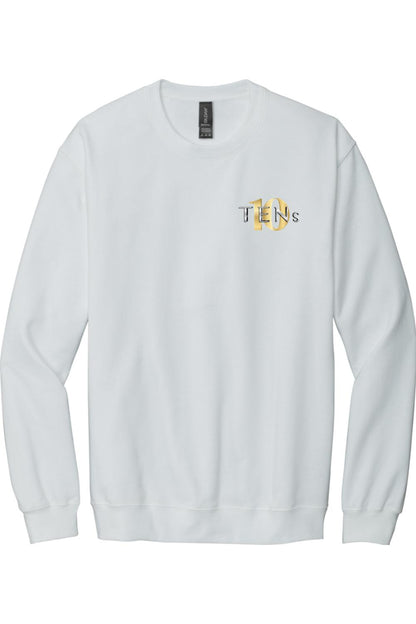 White crew neck sweatshirt featuring a gold and black Tens Show Club logo on the left chest.