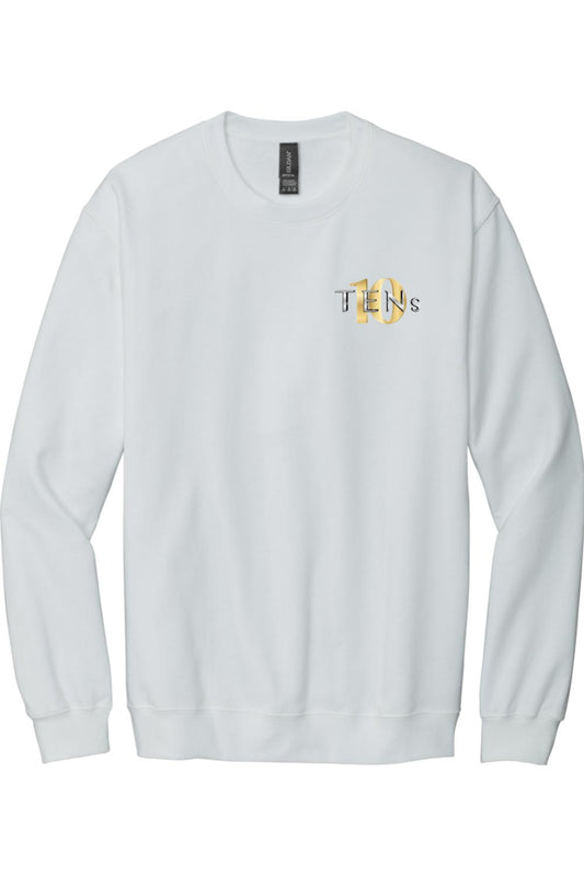 White crew neck sweatshirt featuring a gold and black Tens Show Club logo on the left chest.