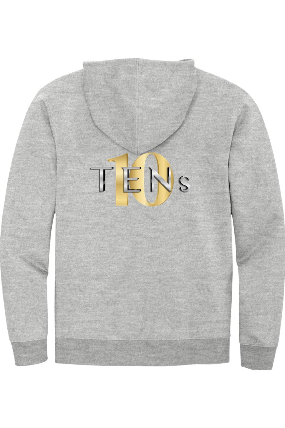 Grey cotton full-zip hooded sweatshirt featuring a metallic gold and silver TENS logo on the back.