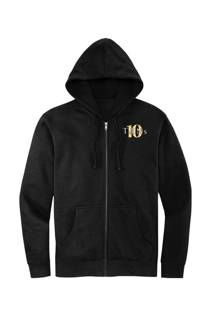 Black cotton full-zip hooded sweatshirt featuring a gold and white Tens Show Club logo on the left chest.