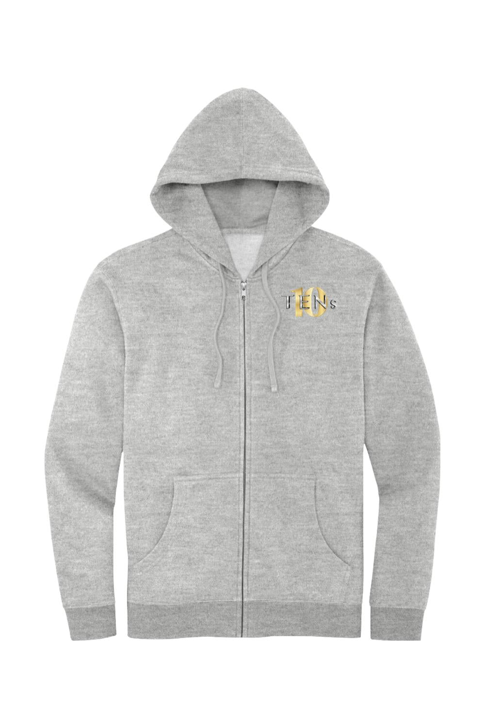 Grey cotton full-zip hooded sweatshirt with a gold Tens Show Club logo on the left chest and front pockets.