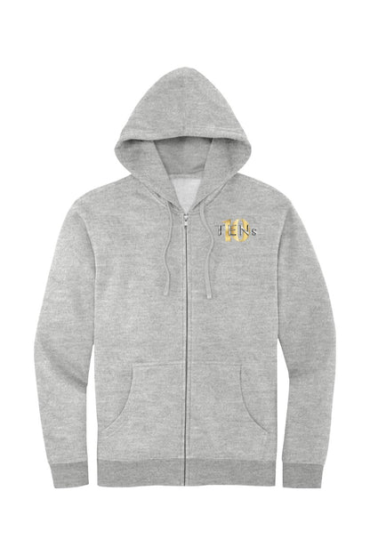 Grey cotton full-zip hooded sweatshirt with a gold Tens Show Club logo on the left chest and front pockets.