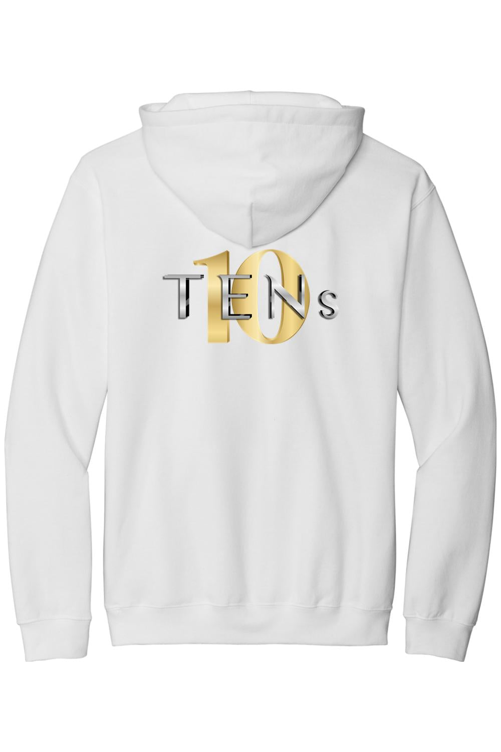 White hooded sweatshirt featuring a metallic gold and silver TENS logo on the back.