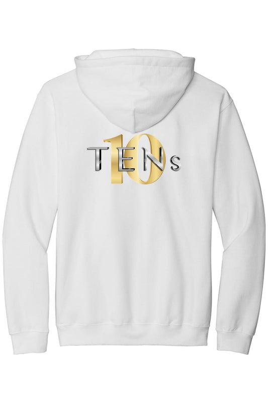 White hooded sweatshirt featuring a metallic gold and silver TENS logo on the back.