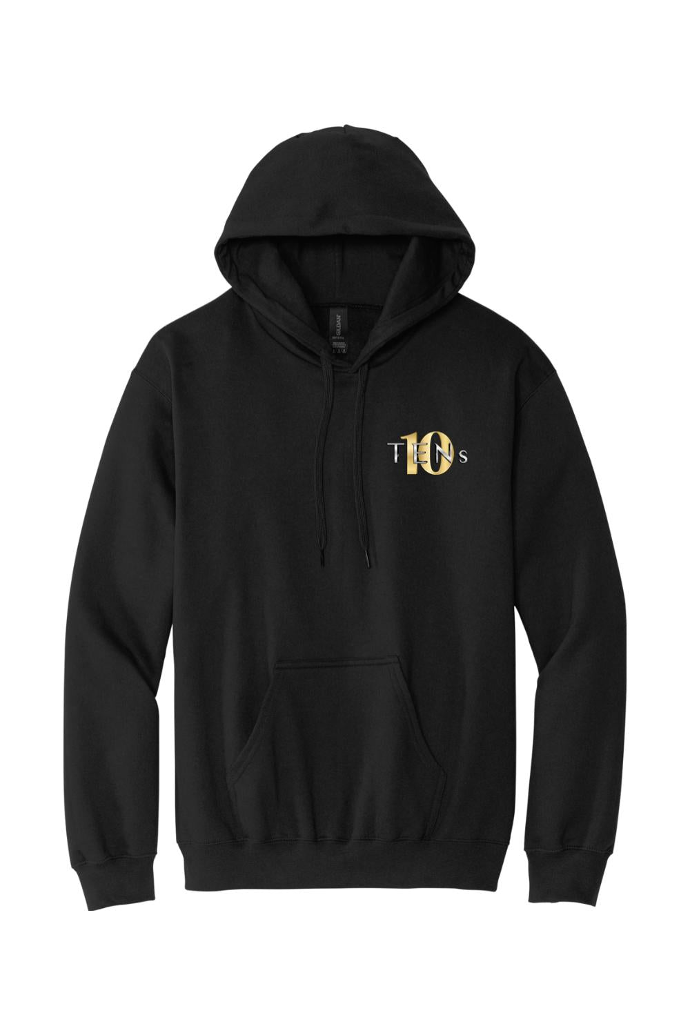 Black cotton hooded sweatshirt featuring a small gold and white Tens Show Club logo on the left chest.