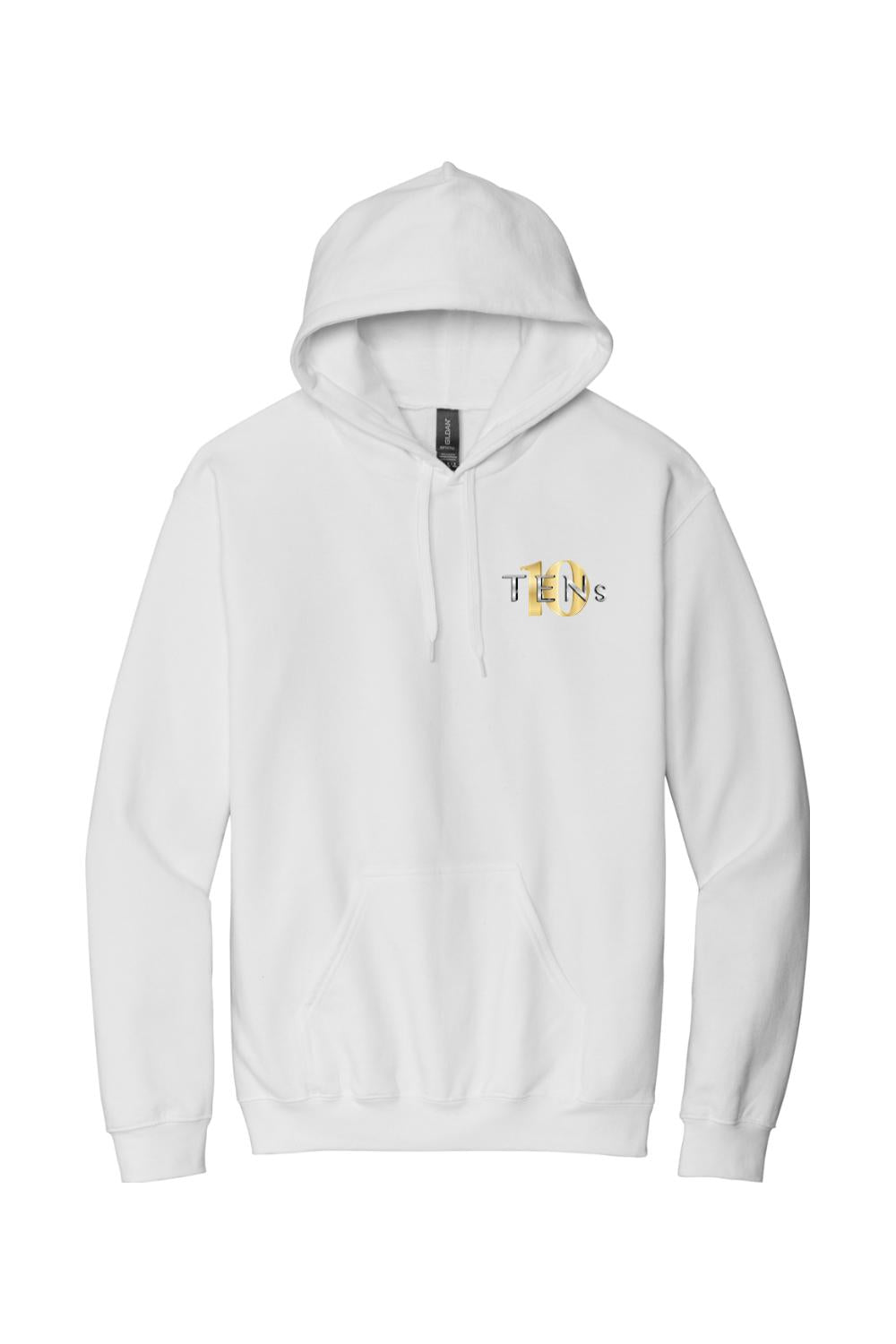 White cotton hooded sweatshirt featuring a small gold and black Tens Show Club logo on the left chest.