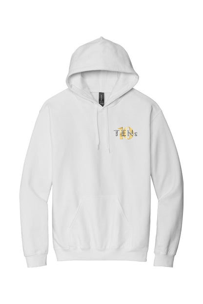 White cotton hooded sweatshirt featuring a small gold and black Tens Show Club logo on the left chest.