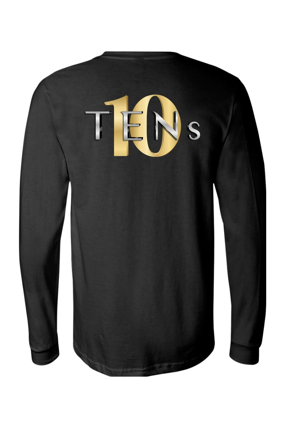 Black long-sleeve jersey tee featuring a metallic gold and silver Tens Show Club logo on the back.