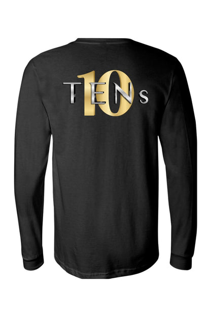 Black long-sleeve jersey tee featuring a metallic gold and silver Tens Show Club logo on the back.