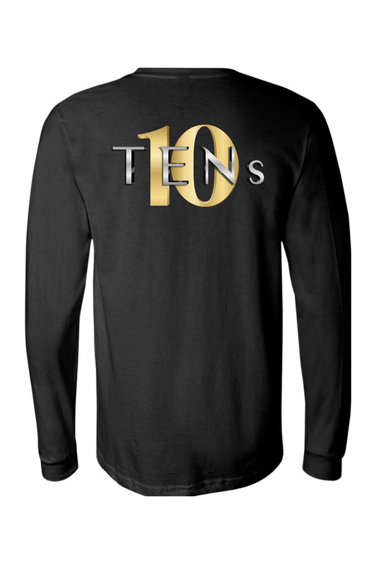Black long-sleeve jersey tee featuring a metallic gold and silver Tens Show Club logo on the back.