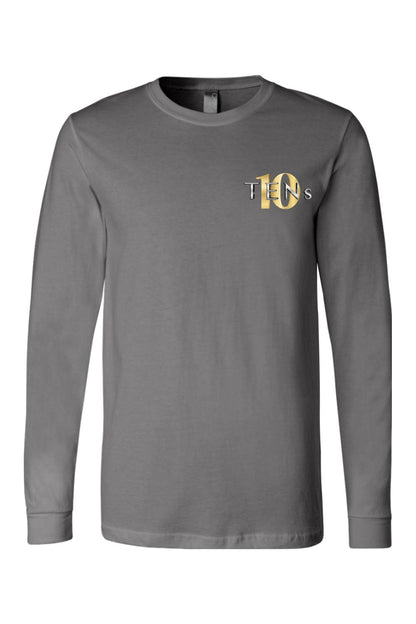 Charcoal grey long sleeve jersey tee featuring a gold and black Tens Show Club logo on the left chest.