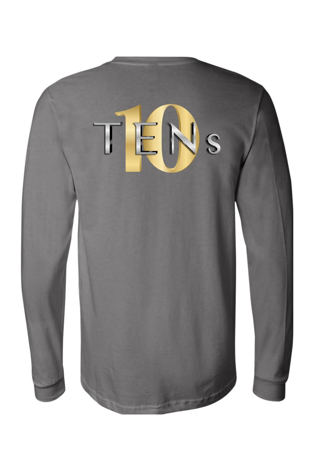 Grey long-sleeve jersey tee featuring a metallic gold and silver TENS logo graphic on the back.