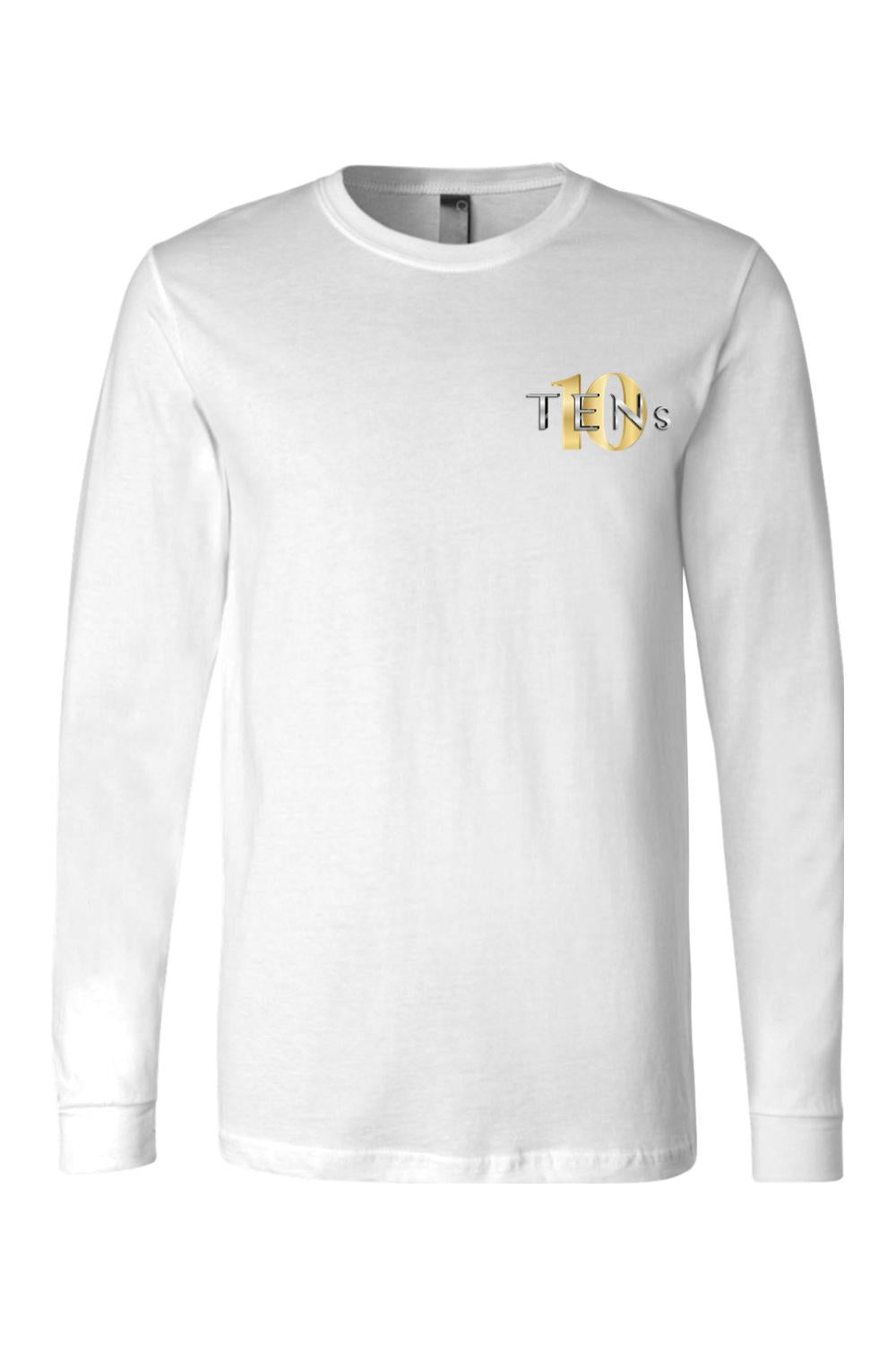 White long-sleeve jersey tee with a gold and black Tens Show Club logo on the left chest.