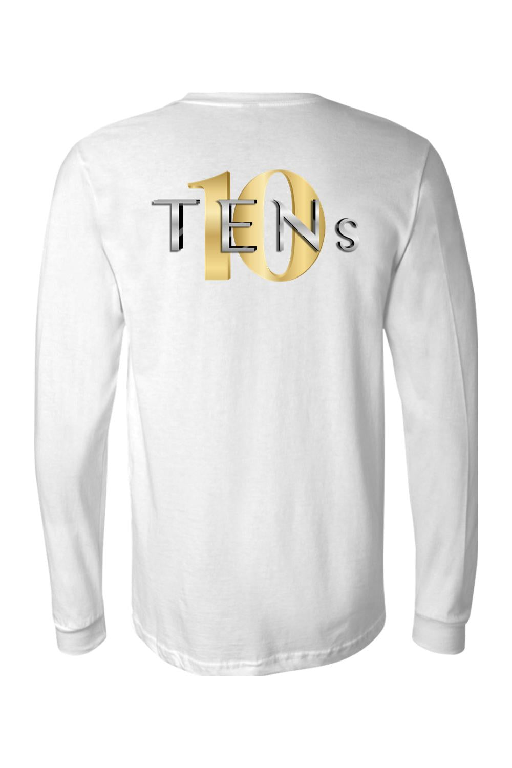 White long-sleeve cotton jersey tee featuring a metallic gold and silver Tens Show Club logo on the back.