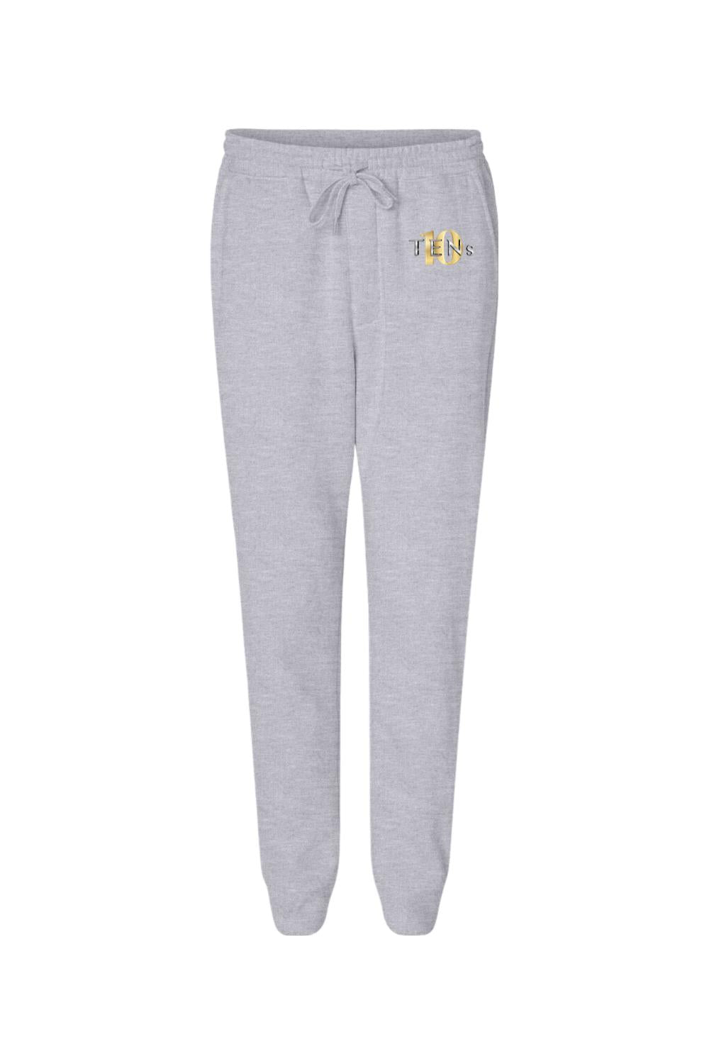 Light grey midweight cotton joggers with a drawstring waist and gold Tens Show Club logo on the hip.