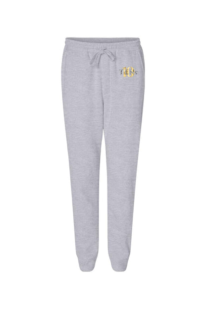Light grey midweight cotton joggers with a drawstring waist and gold Tens Show Club logo on the hip.