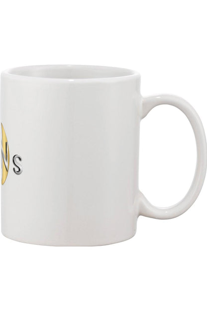 White ceramic mug featuring a yellow smiley face graphic and the Tens Show Club logo.