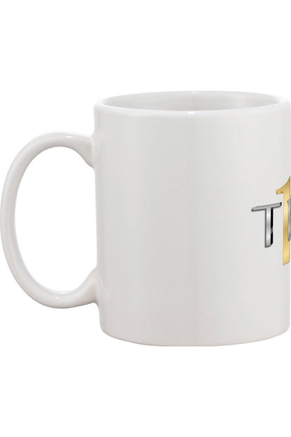 White ceramic mug featuring a retro Tens Show Club logo in metallic silver and gold lettering.
