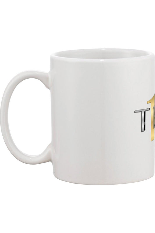 White ceramic mug featuring a retro Tens Show Club logo in metallic silver and gold lettering.