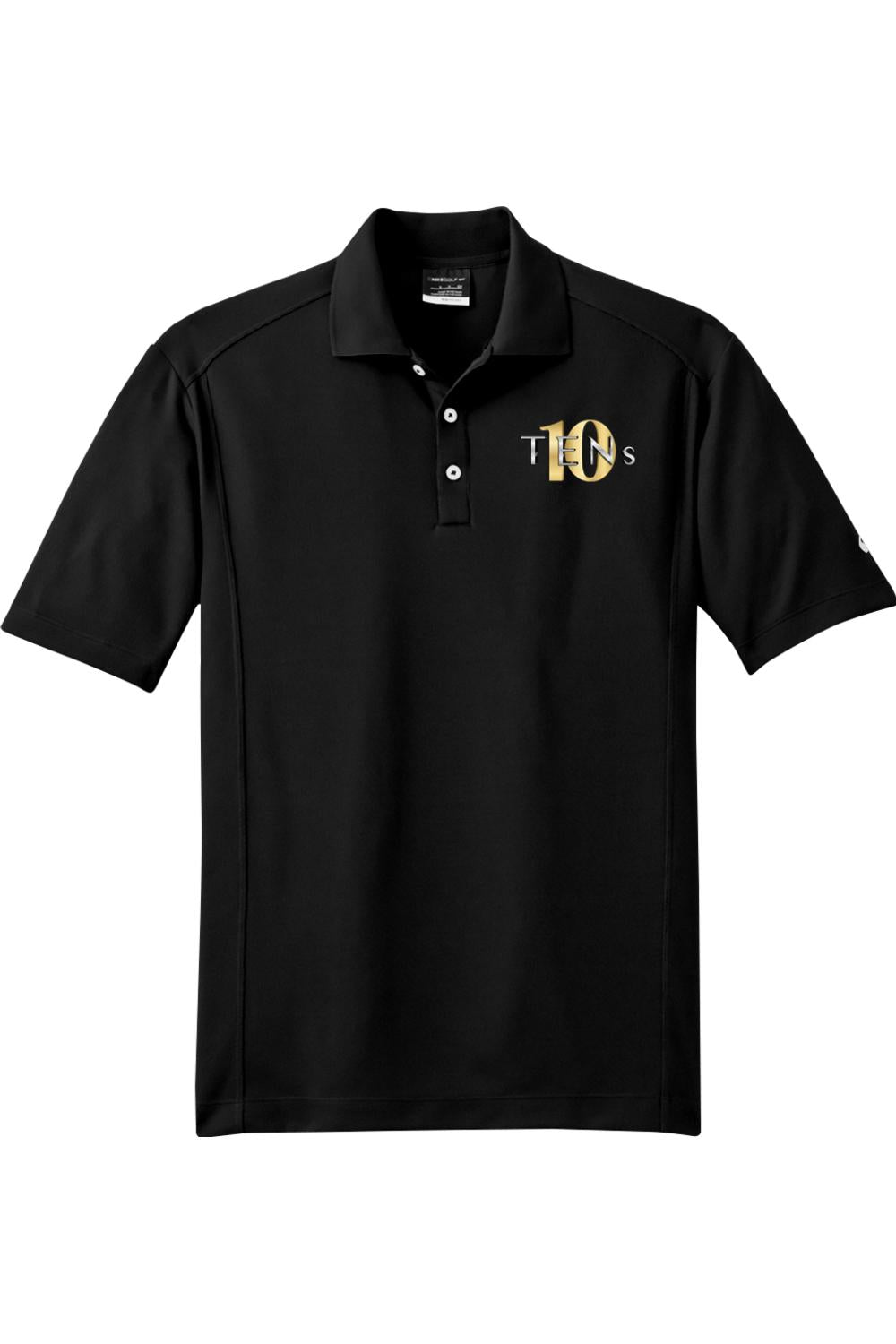Black Nike Dri-FIT polo shirt featuring a gold and white Tens Show Club logo on the left chest and a three-button placket.