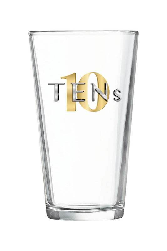 Clear glass pint glass featuring a gold and silver Tens Show Club logo on a white background.