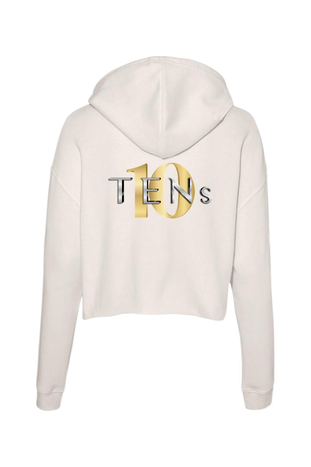Off-white cropped hooded sweatshirt featuring a metallic gold and silver TENS logo on the back.