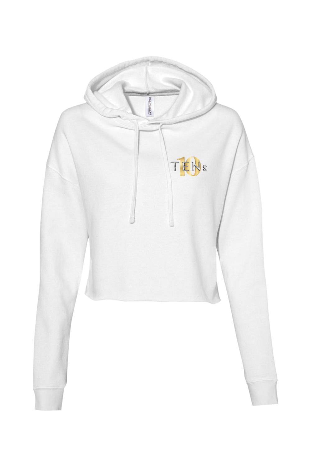 White cropped hooded sweatshirt with long sleeves and a gold and black Tens Show Club logo on the chest.