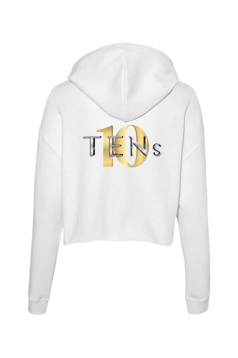 White cropped hooded sweatshirt featuring a gold and silver TENS logo on the back.