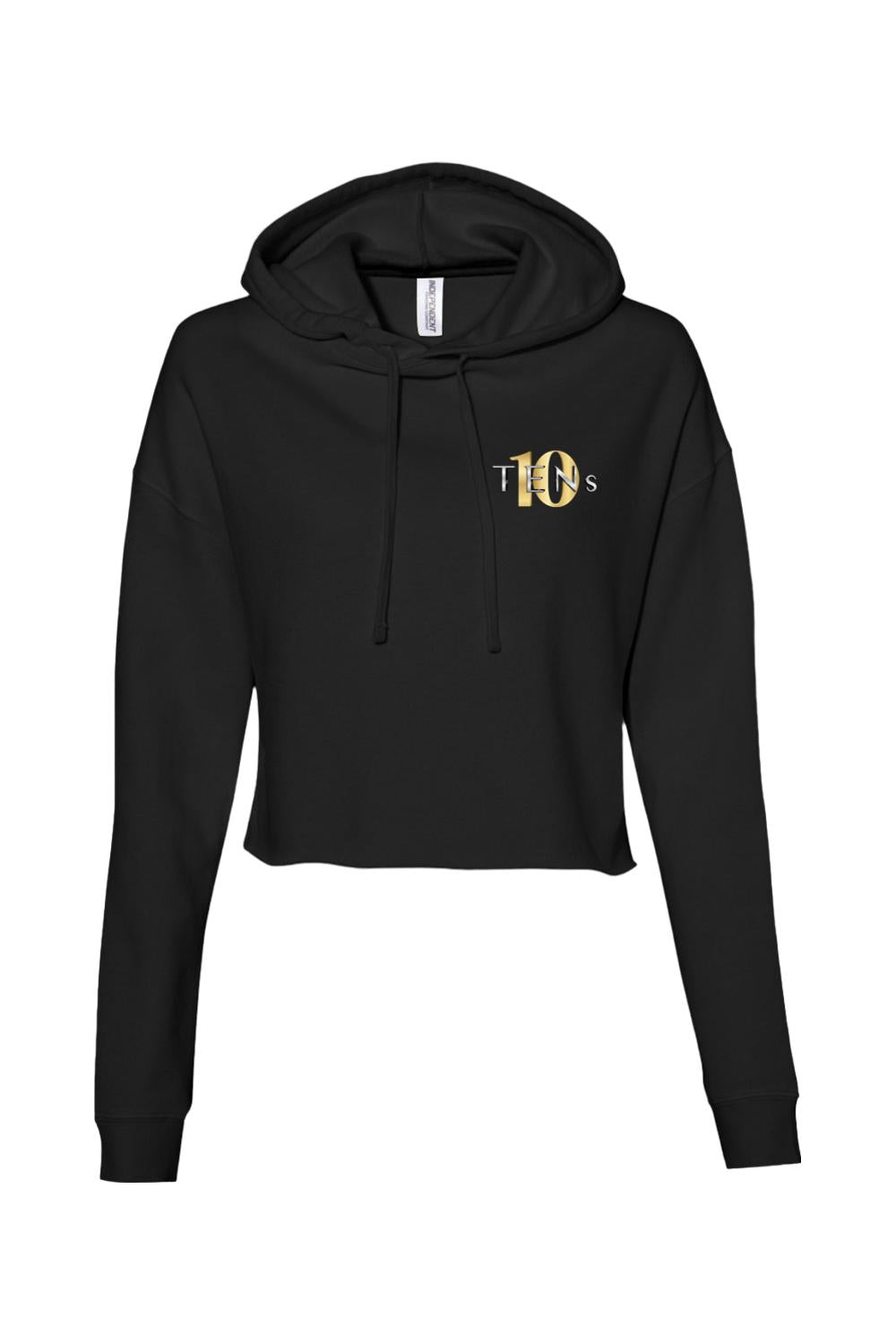 Black cropped hooded sweatshirt with long sleeves and a gold and white Tens Show Club logo on the chest.